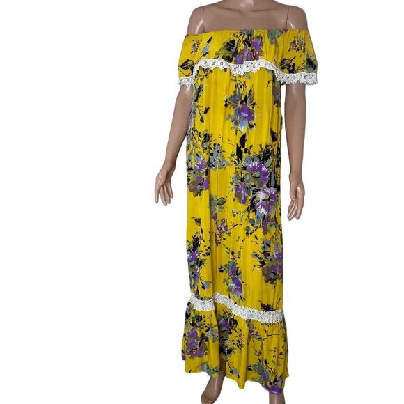 Umgee Sunny Yellow Floral On Off Shoulder Maxi Dress  Bottom Tier Ruffle Side MD - Picture 2 of 11